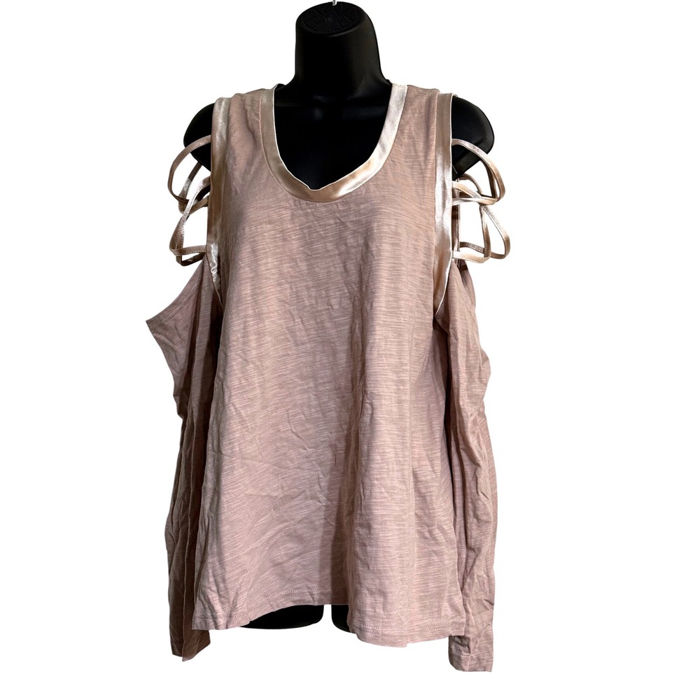 Sheilay Women XL Mauve Slub Knit Cold Shoulder Strappy Cage Metallic Trim Top